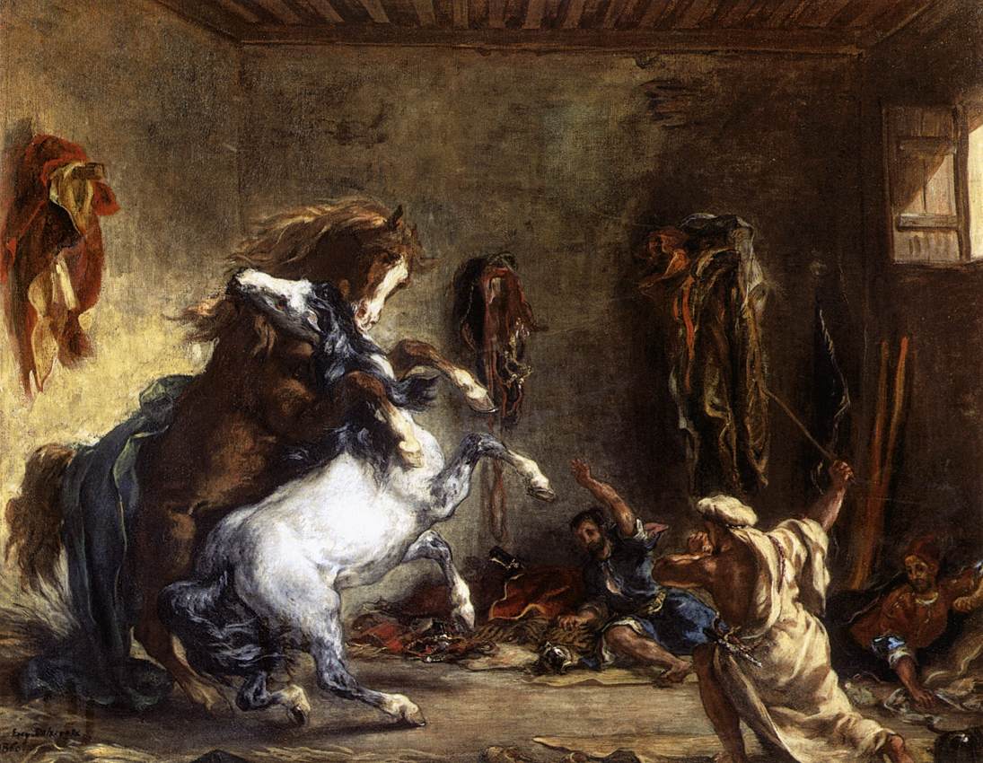 Reproduction du tableau « Chevaux arabes se battant dans une écurie - Eugène Delacroix » par Alpha Reproduction en peinture à l’huile