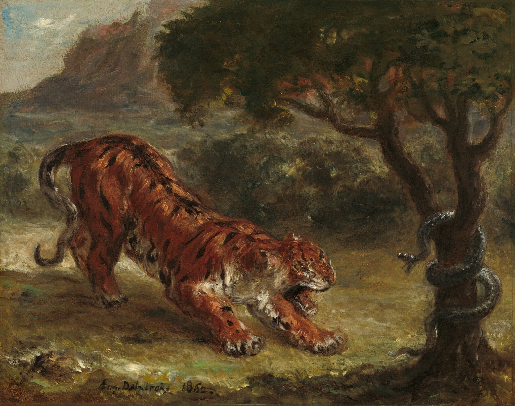 Reproduction du tableau « Tigre et serpent - Eugène Delacroix » par Alpha Reproduction en peinture à l’huile