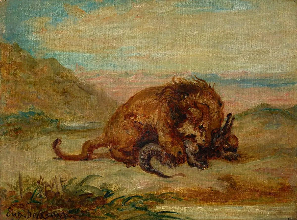 Reproduction du tableau « Lion et Crocodile - Eugène Delacroix » par Alpha Reproduction en peinture à l’huile