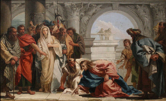 Reproduction du tableau « Femme assise et homme debout entouré par d'autres figures et Paraphernalia - Giovanni Battista Tiepolo » par Alpha Reproduction en peinture à l’huile
