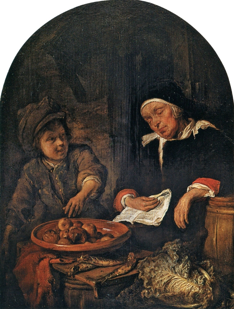 Un garçon vole une pomme à une femme endormie - Gabriel Metsu