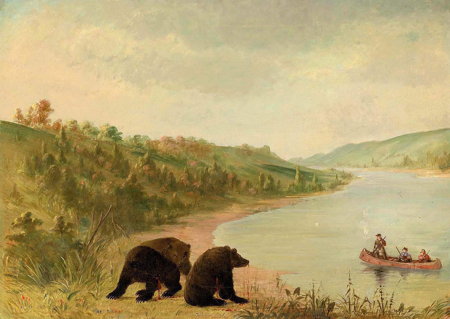 Catlin et ses hommes dans leur canoë, sollicités d'urgence pour débarquer, Haut-Missouri - George Catlin