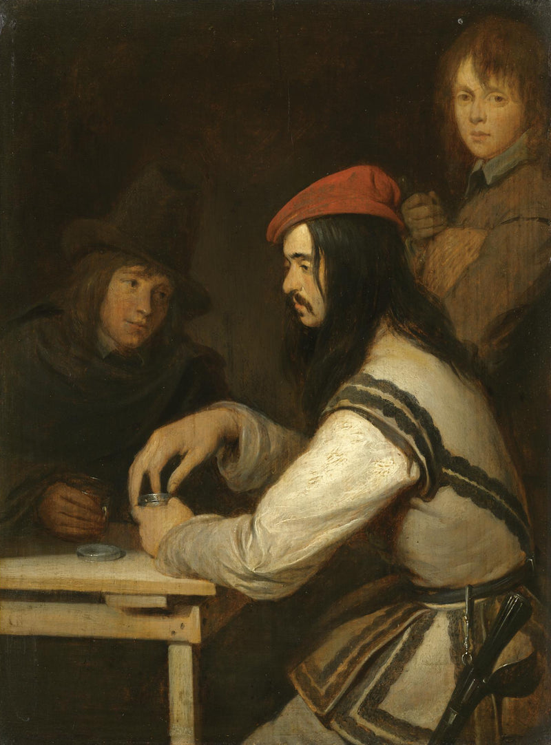 Trois hommes dans une taverne, l'un d'eux prend du tabac. - Gerard ter Borch