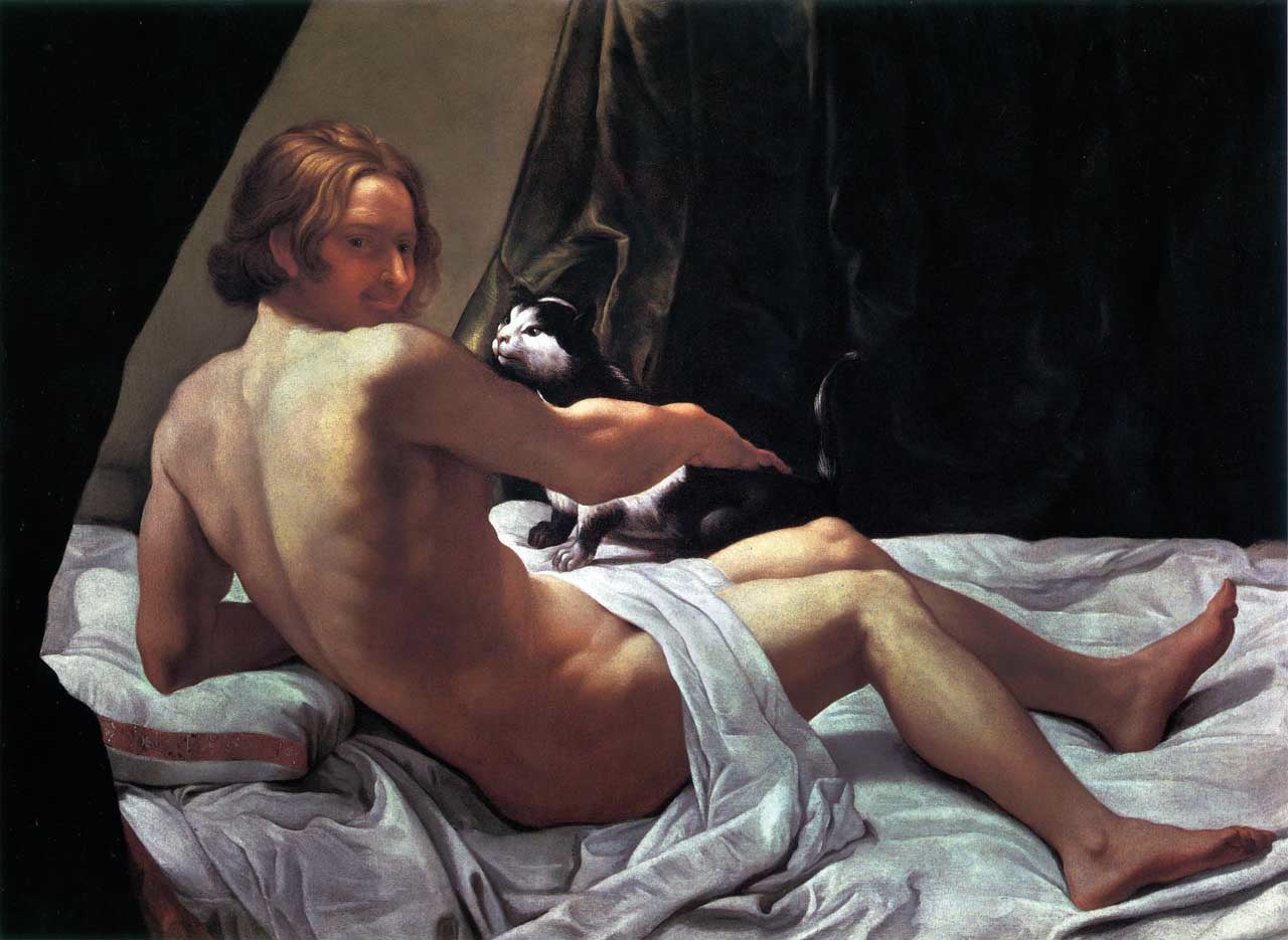 Jeune homme nu au lit avec un chat - Giovanni Lanfranco