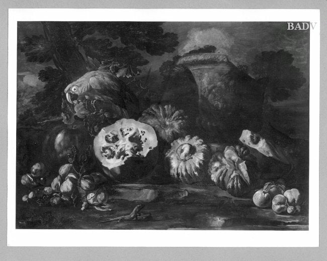 Stilleben mit Melonen + Papagei - Guercino