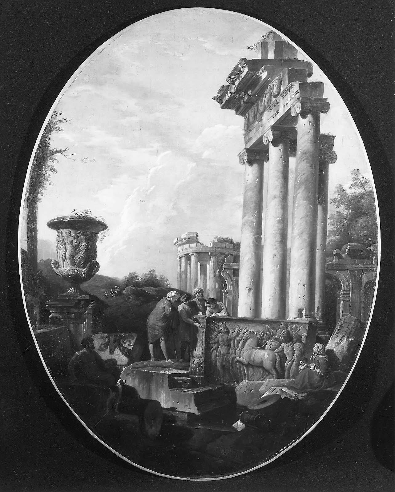 Capriccio de ruines romaines avec un bas-relief d'un cocher - Giovanni Paolo Panini