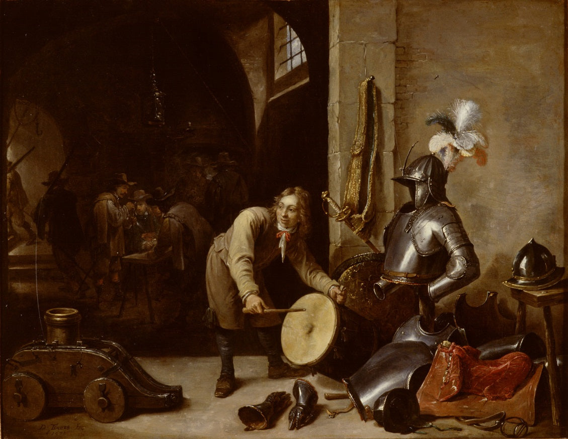 Intérieur de la salle de garde avec un jeune homme tenant un tambour - David Teniers le Jeune