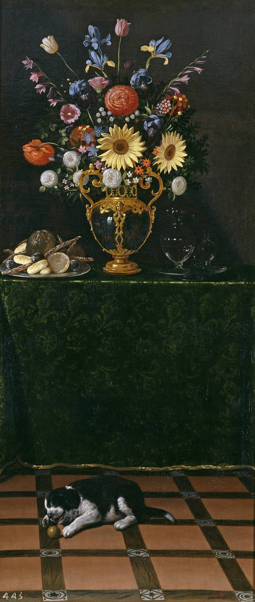 Nature morte avec un Vase de fleurs et un chiot - Juan van der Hamen