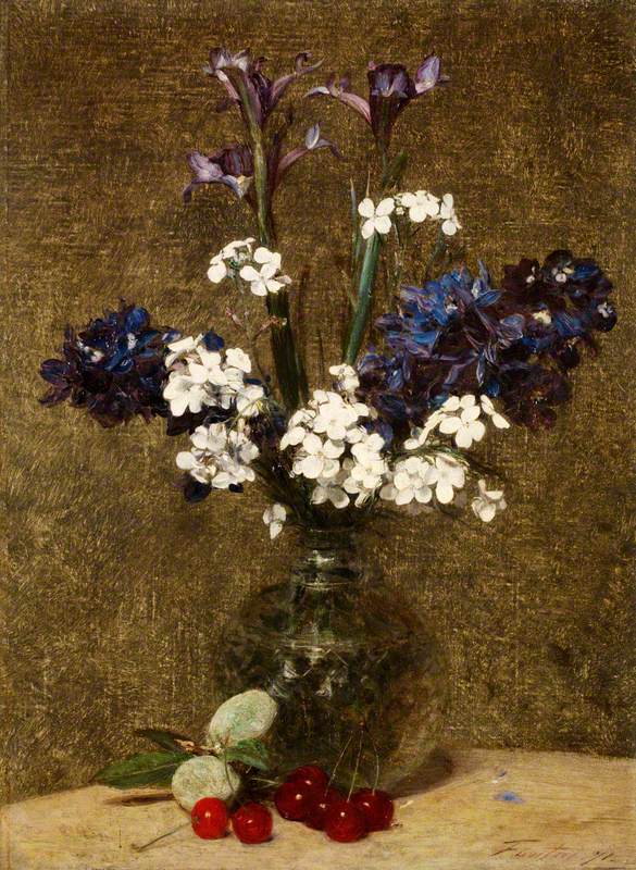 Fleurs : Iris et Jacinthes, avec des cerises et des amandes sur la table - Henri Fantin-Latour