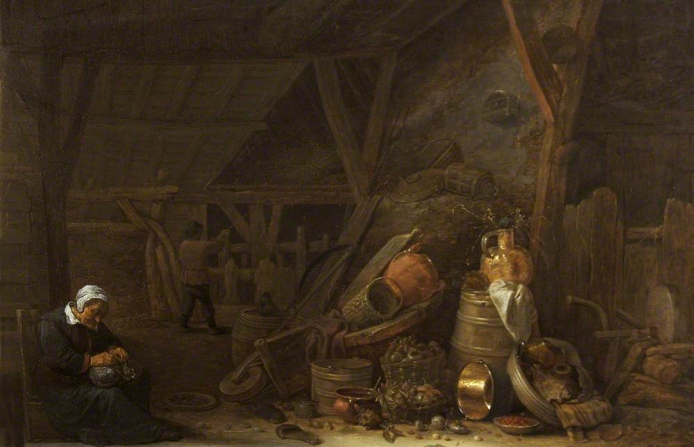 Une grange avec une nature morte d'ustensiles de cuisine et un cuisinier endormi - David Teniers le Jeune
