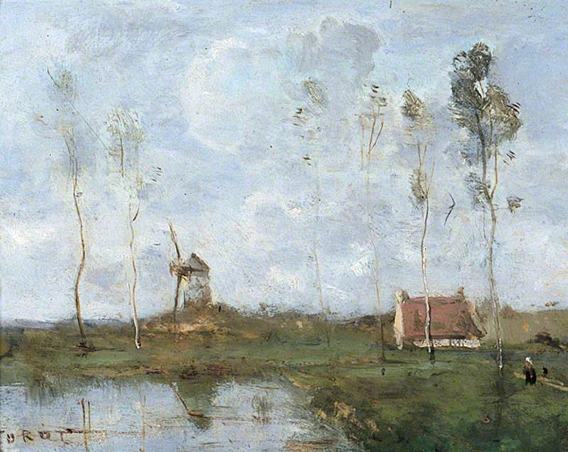 Paysage avec un chalet et un moulin à vent - Jean-Baptiste Camille Corot