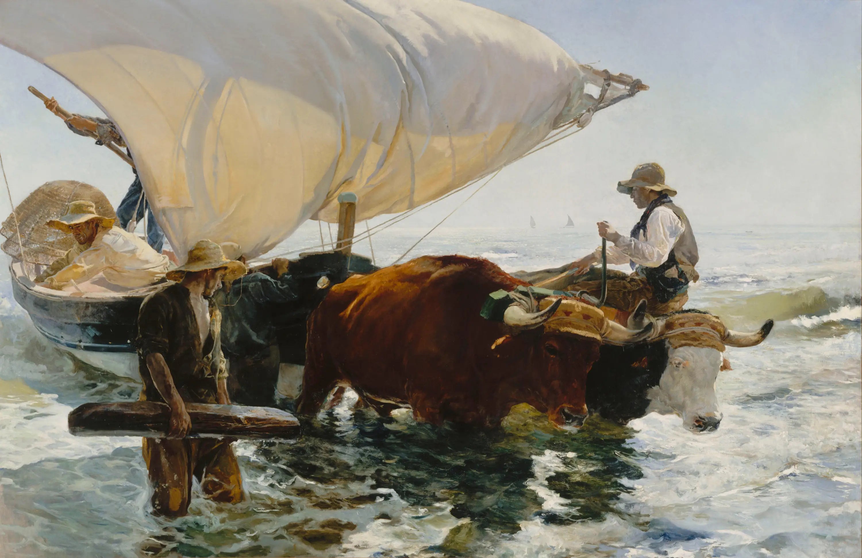 Reproduction du tableau « Retour de la pêche : halage de la barque - Joaquín Sorolla » par Alpha Reproduction en peinture à l’huile