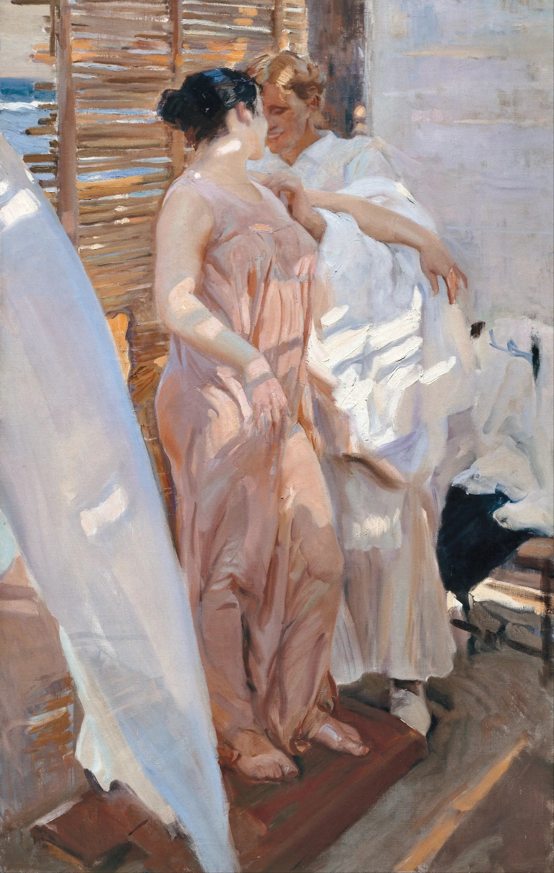 Reproduction du tableau « Le Peignoir rose - Joaquín Sorolla » par Alpha Reproduction en peinture à l’huile