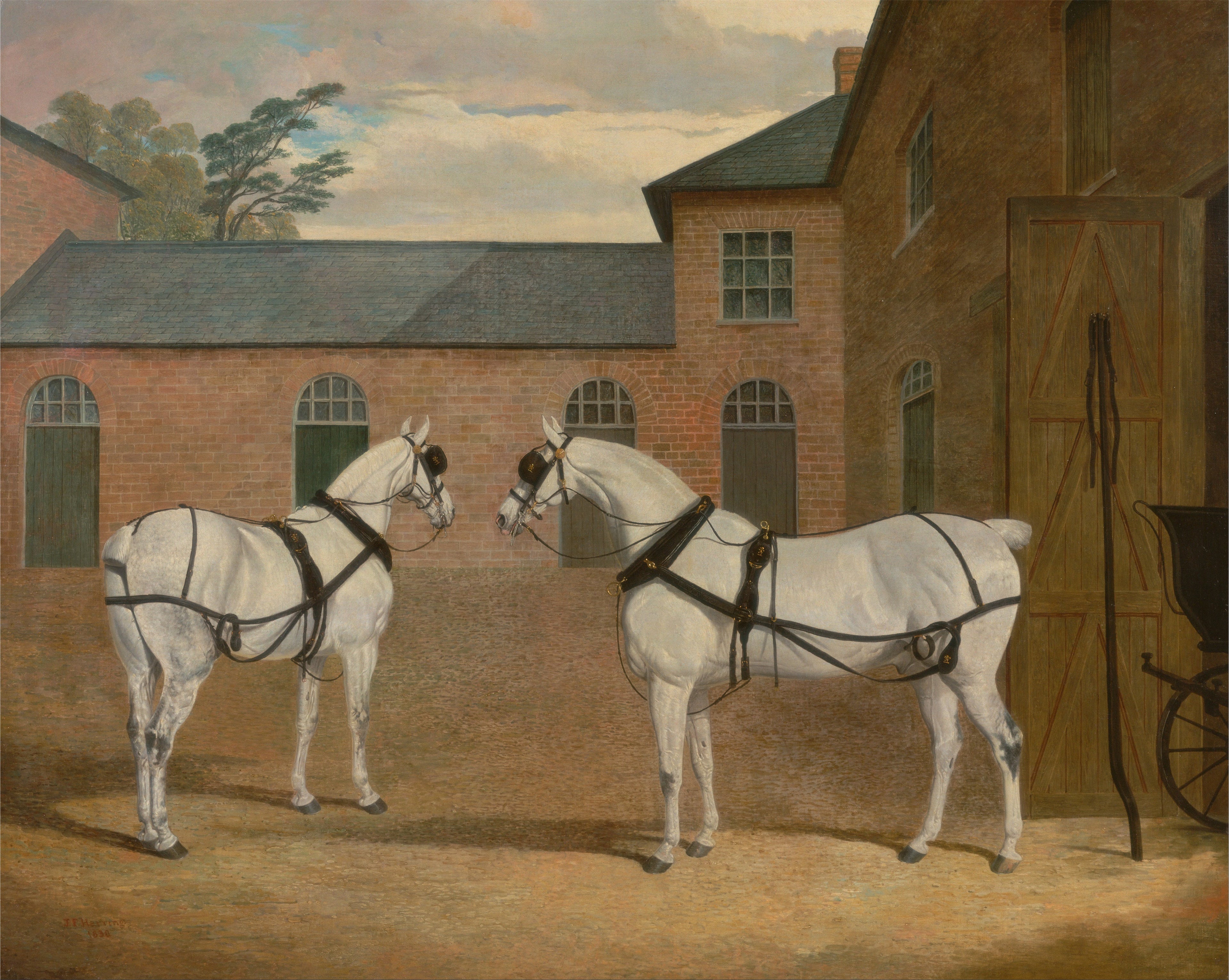 Chevaux de calèche gris dans la cour des carrosses de Putteridge Bury, Hertfordshire - John Frederick Herring, Sr.