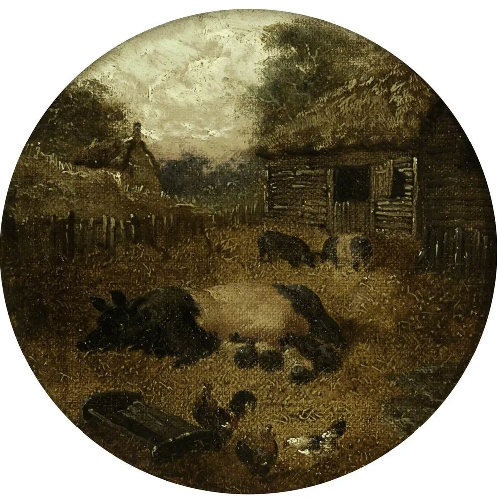 Huit scènes de ferme circulaires (1. Cochons ; 2. Jument et poulain ; 3. Vaches ; 4. Moutons ; 5. Poulets ; 6. Canards