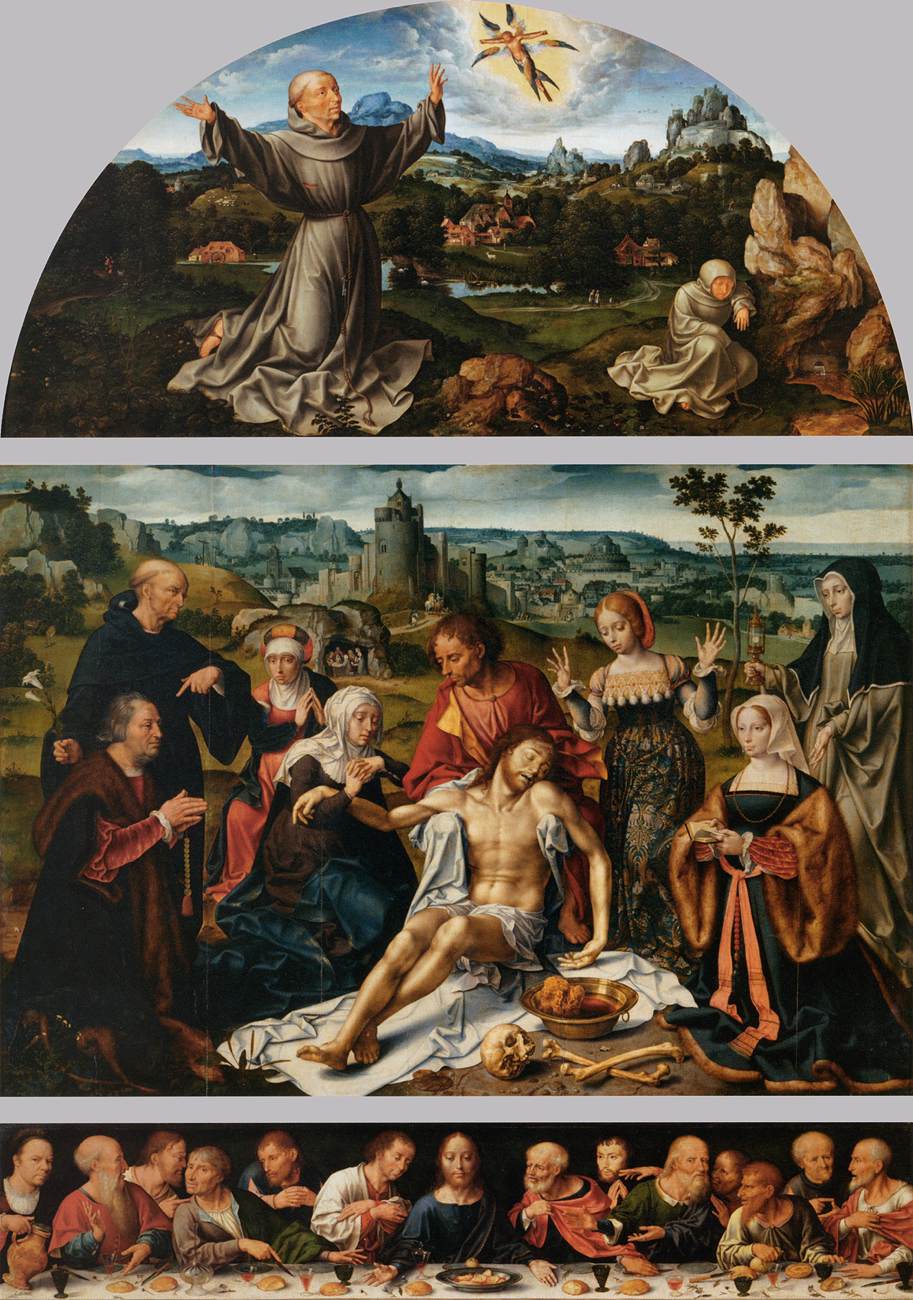 Retable de la déploration du Christ : la déploration du Christ (panneau central) ; La Stigmatisation de saint François (lunette) ; La Cène (prédelle) - Joos van Cleve