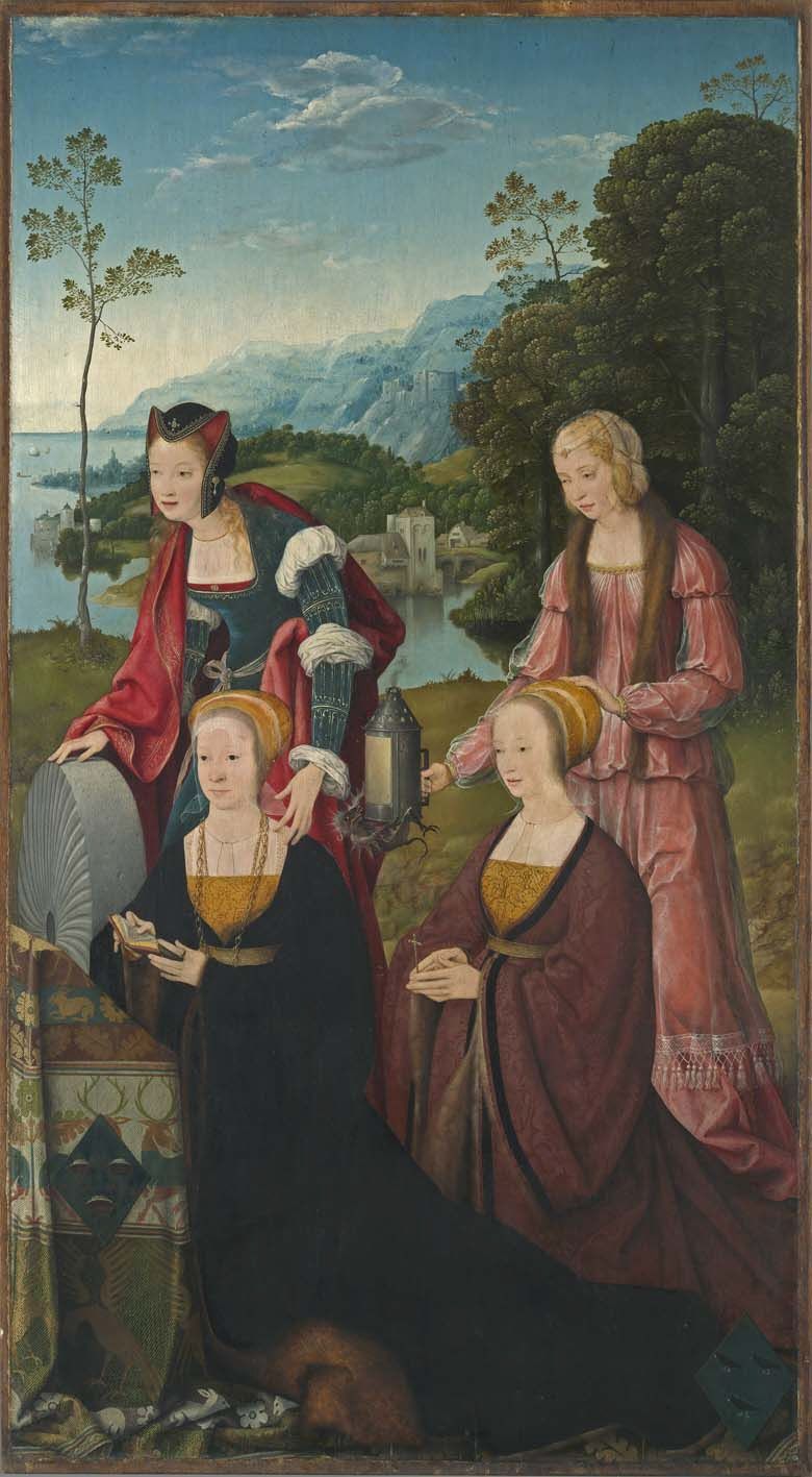 Autel de Marientod : Saintes Christine et Gudule avec les donatrices Christine et Sibilla Hackeney derrière ; à l’extérieur : Saints Sébastien et Roch - Joos van Cleve