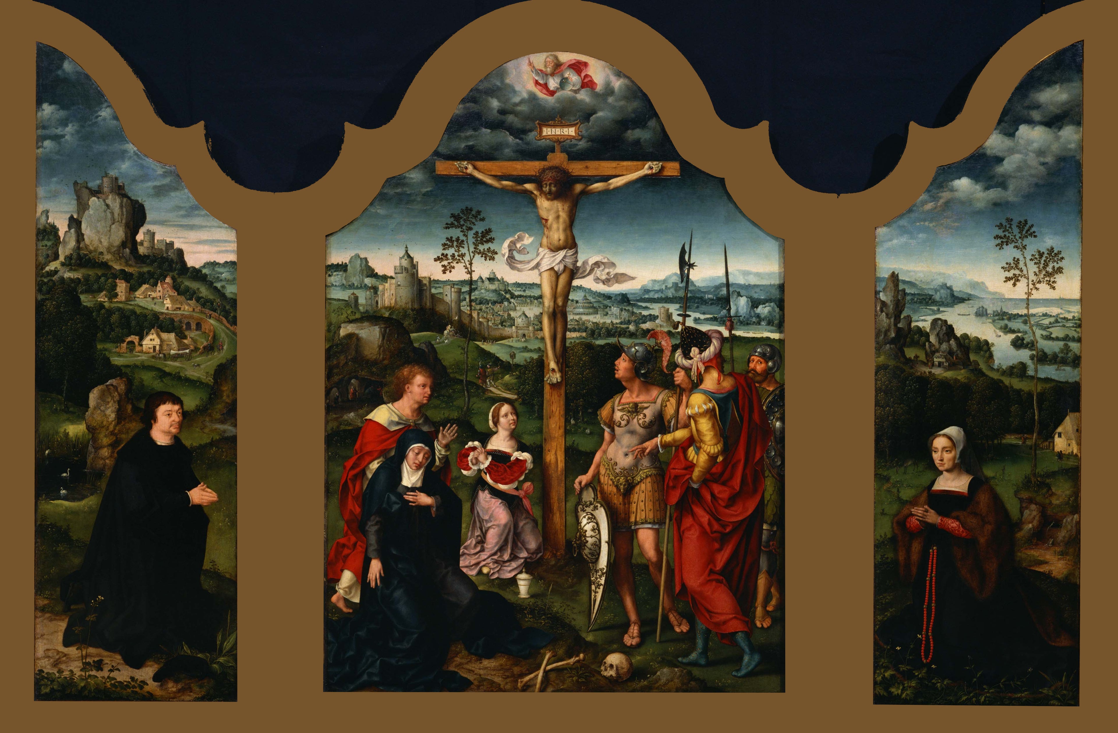Triptyque : La Crucifixion flanquée du donateur agenouillé et de son épouse - Joos van Cleve