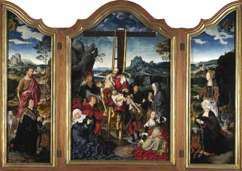 Triptyque. Au centre : la Déposition de Croix ; à gauche : saint Jean-Baptiste avec un donateur ; à droite : sainte Marguerite d'Antioche avec une donatrice. - Joos van Cleve
