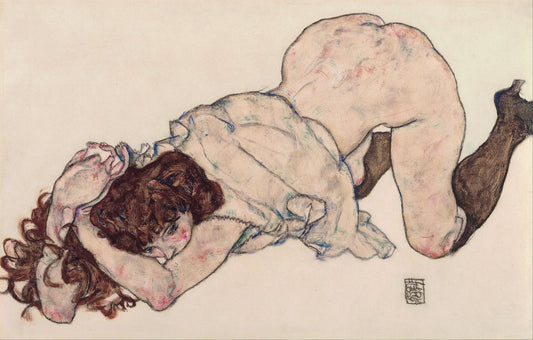 ✨ נערה צעירה על ברכיה, נשענת על המרפקים – Egon Schiele (1917)