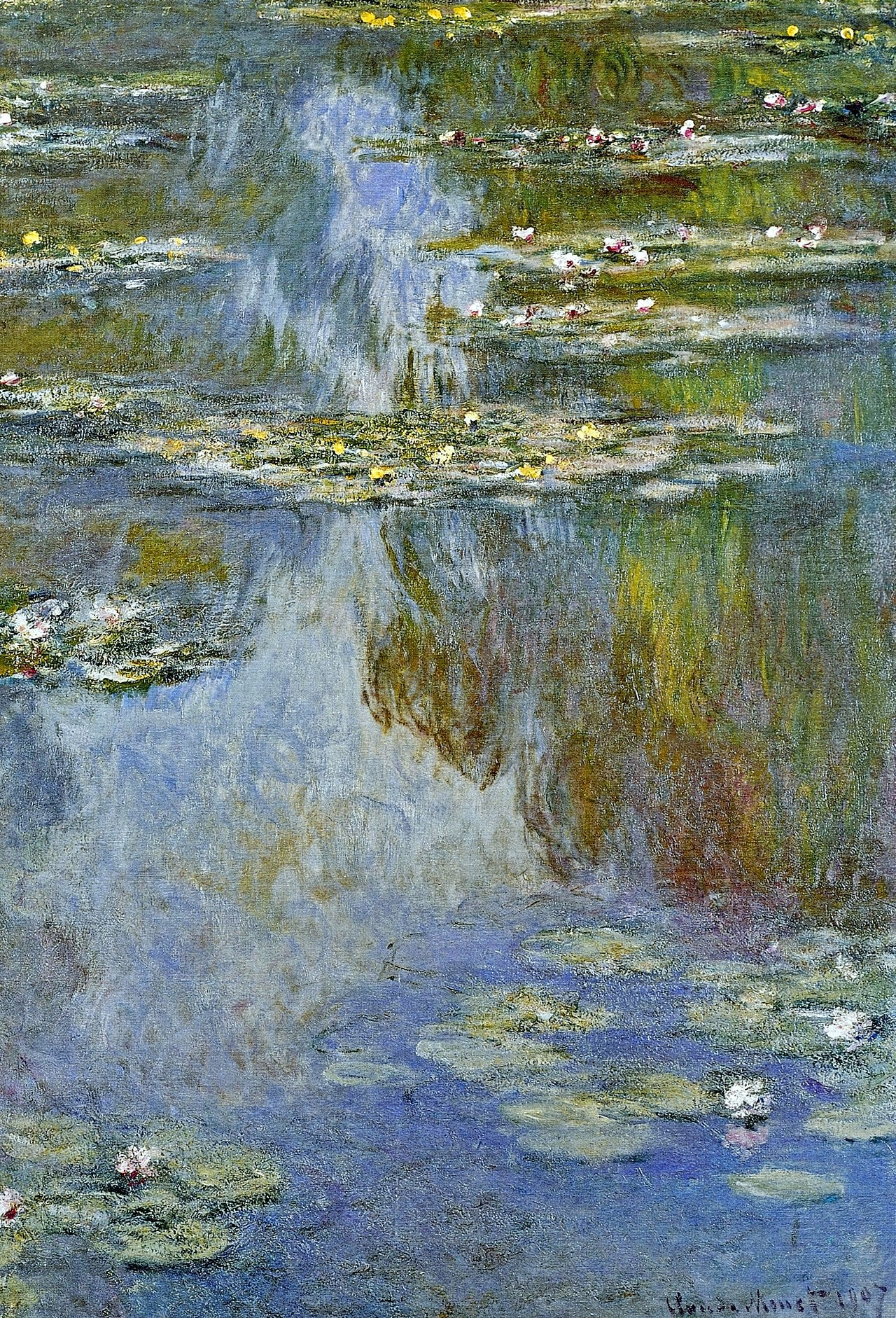 🌸 נימפאות – השתקפויות כחולות וצהובות (1907)