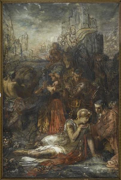 Darius, fuyant après la bataille d'Arbelles, s'arrête, épuisé de fatigue, pour boire dans une mare - Gustave Moreau