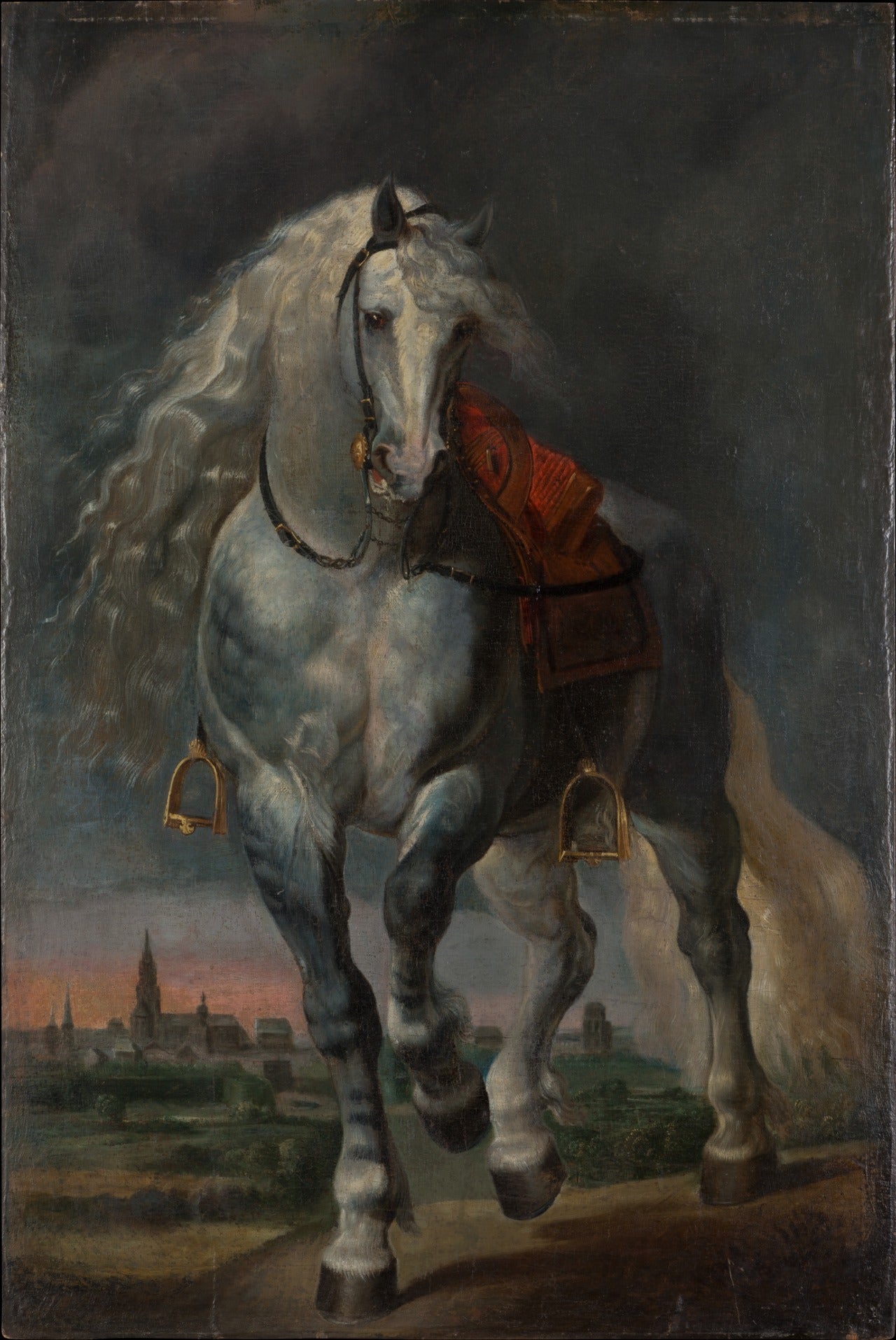 Cheval blanc trottant sur un paysage plat devant une ville - Peter Paul Rubens
