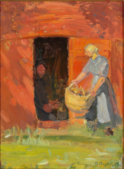 Jeune femme portant le linge devant une maison rouge à Skagen. - Anna Ancher - Alpha Reproduction