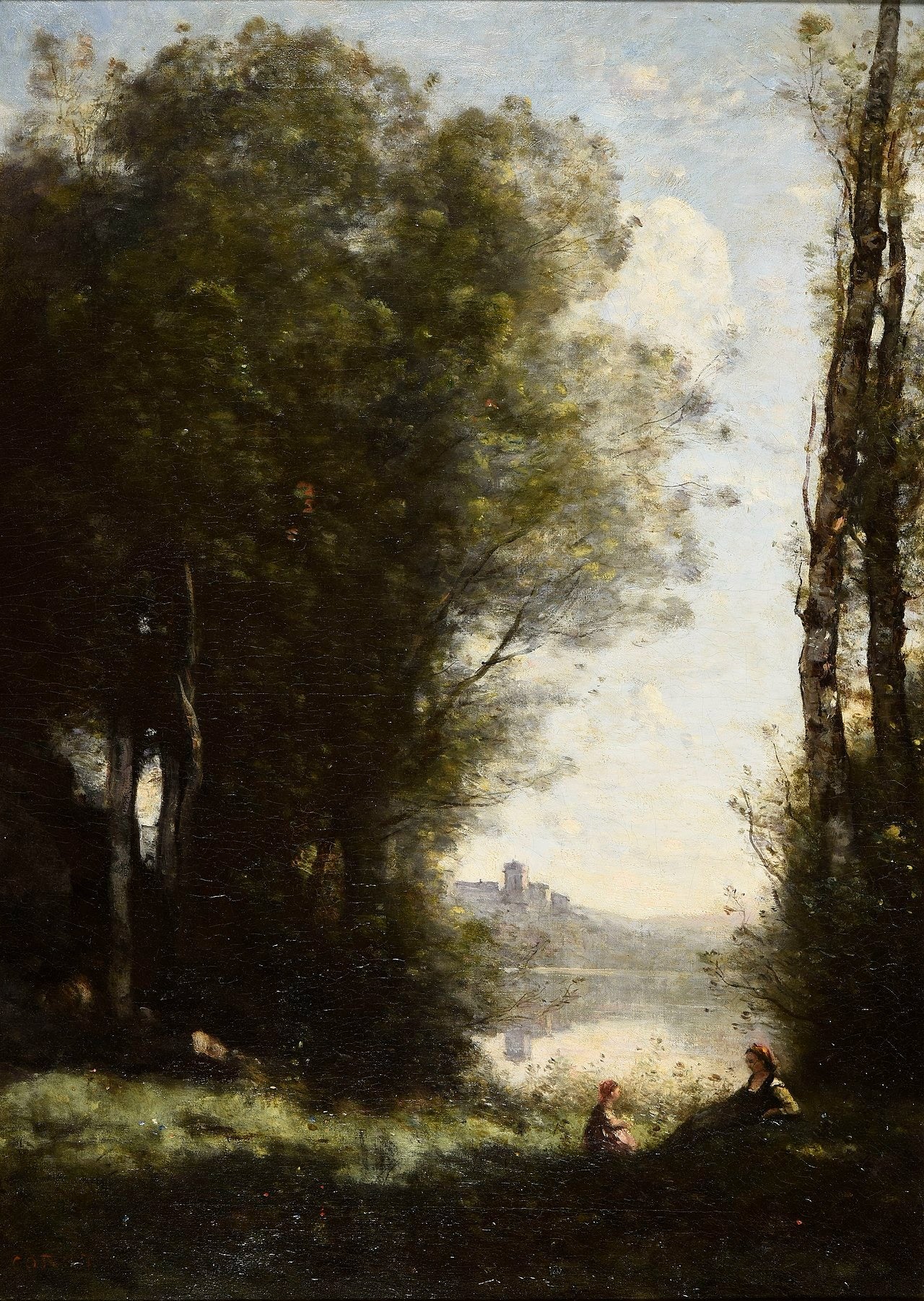 Les deux sœurs sous les arbres au bord du lac - Jean-Baptiste Camille Corot