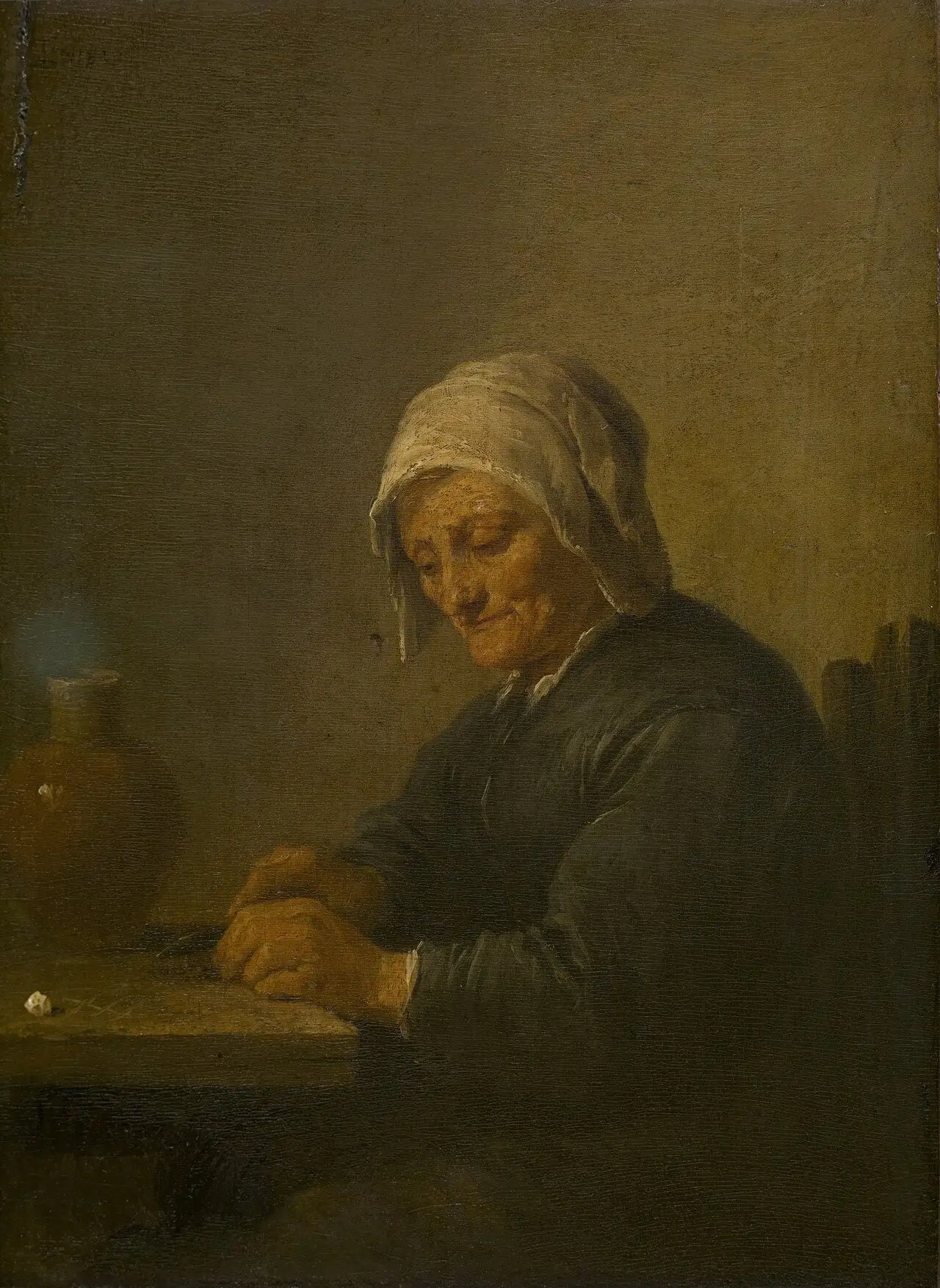 Une vieille femme coupant du tabac - David Teniers le Jeune - Alpha Reproduction