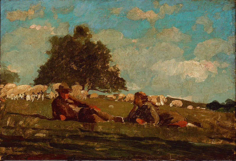 Un garçon et une fille dans un champ avec des moutons - Winslow Homer