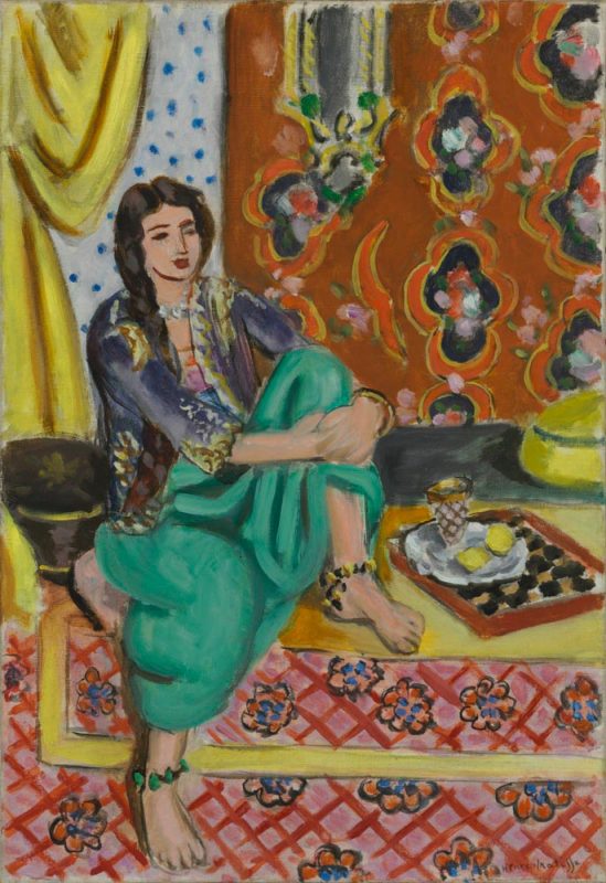 Reproduction du tableau « Odalisque assise, genou gauche replié, fond ornemental et damier - Henri Matisse » par Alpha Reproduction en peinture à l’huile