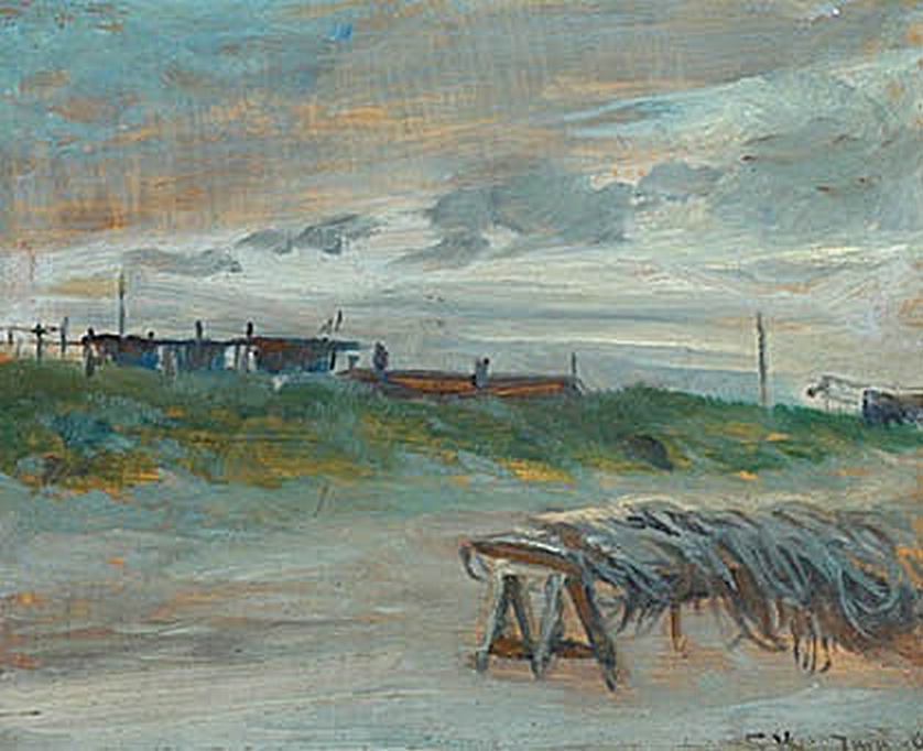 Skagen Sønderstrand par une soirée de juin, par temps nuageux. Filets de pêche devant. - Peder Severin Krøyer