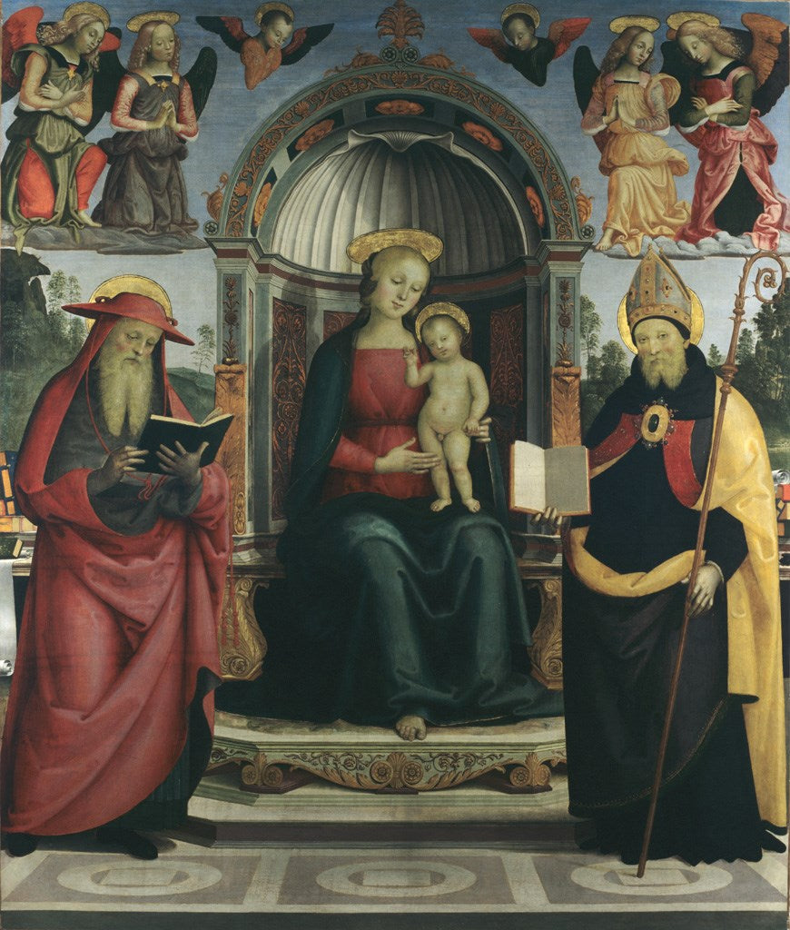 Vierge à l'Enfant sur le trône entre saint Jérôme, saint Augustin, quatre anges et deux chérubins - Pietro Perugino