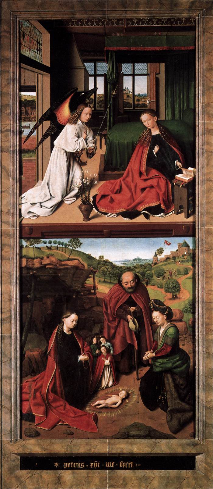 L'adoration de l'Enfant Jésus ; en arrière-plan, l'Annonciation aux bergers. - Petrus Christus