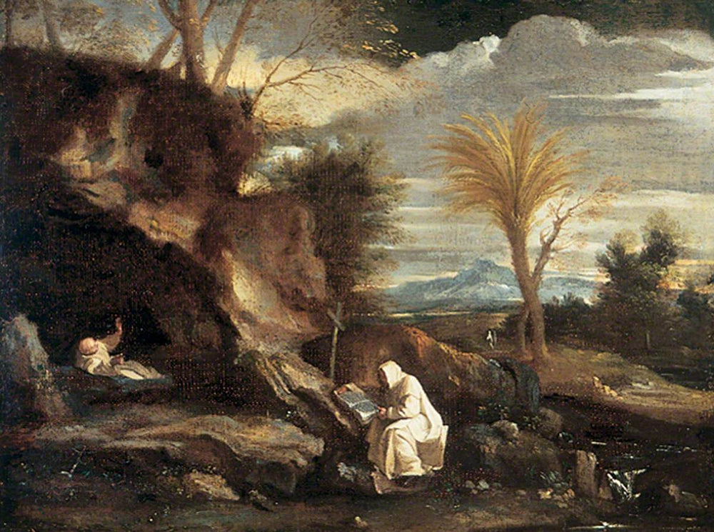 Paysage rocheux avec deux moines chartreux - Pier Francesco Mola image 1 reproduction de peinture à l’huile