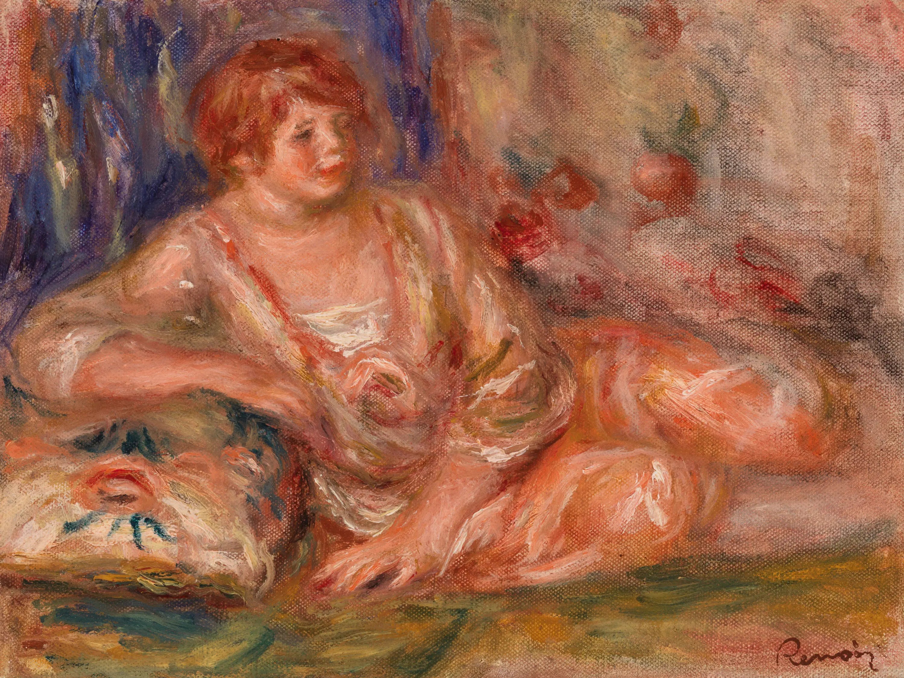 Reproduction du tableau « Andrée en rose, allongée (Andrée en rose étendue) - Pierre-Auguste Renoir » par Alpha Reproduction en peinture à l’huile