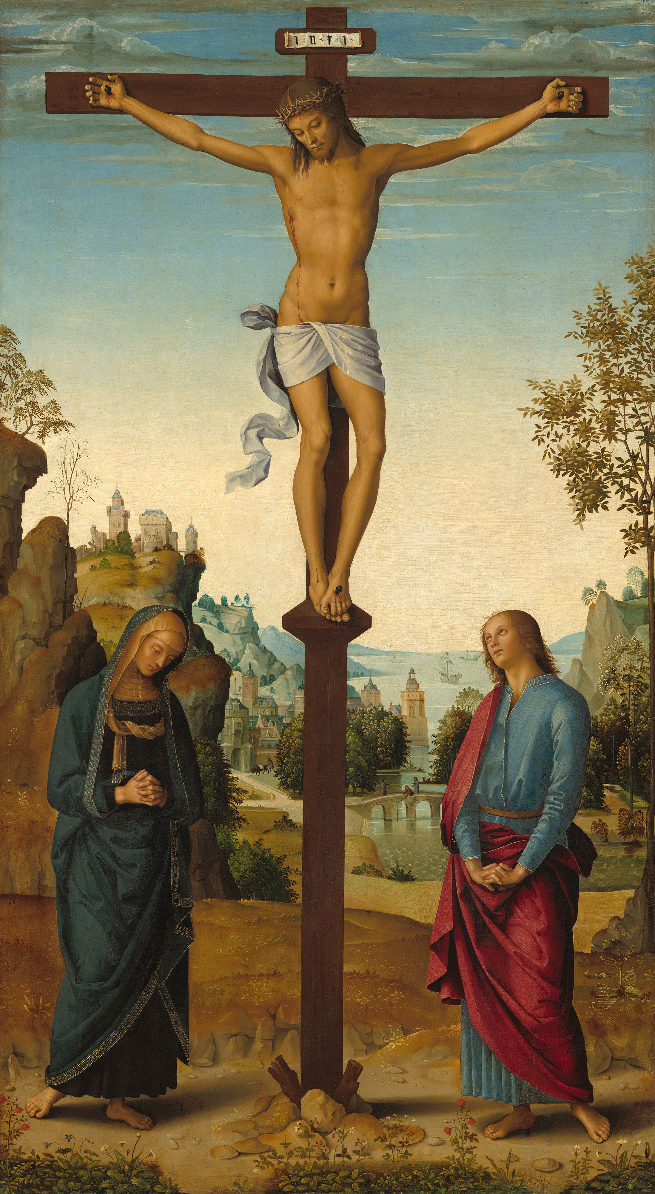 La Crucifixion avec la Vierge, saint Jean, saint Jérôme et sainte Marie-Madeleine [panneau du milieu] - Pietro Perugino