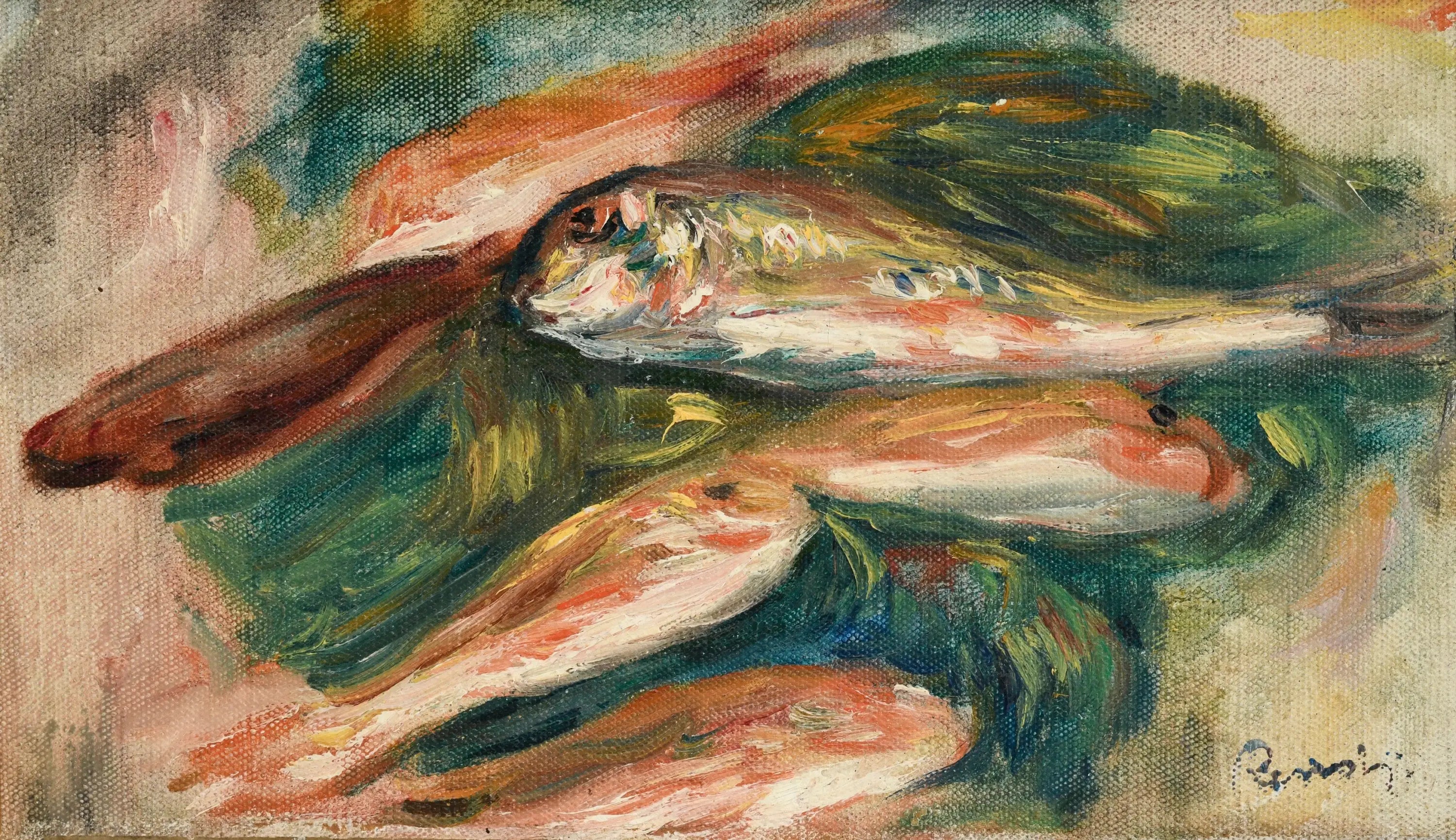 Reproduction du tableau « Poissons sur une feuille verte - Pierre-Auguste Renoir » par Alpha Reproduction en peinture à l’huile
