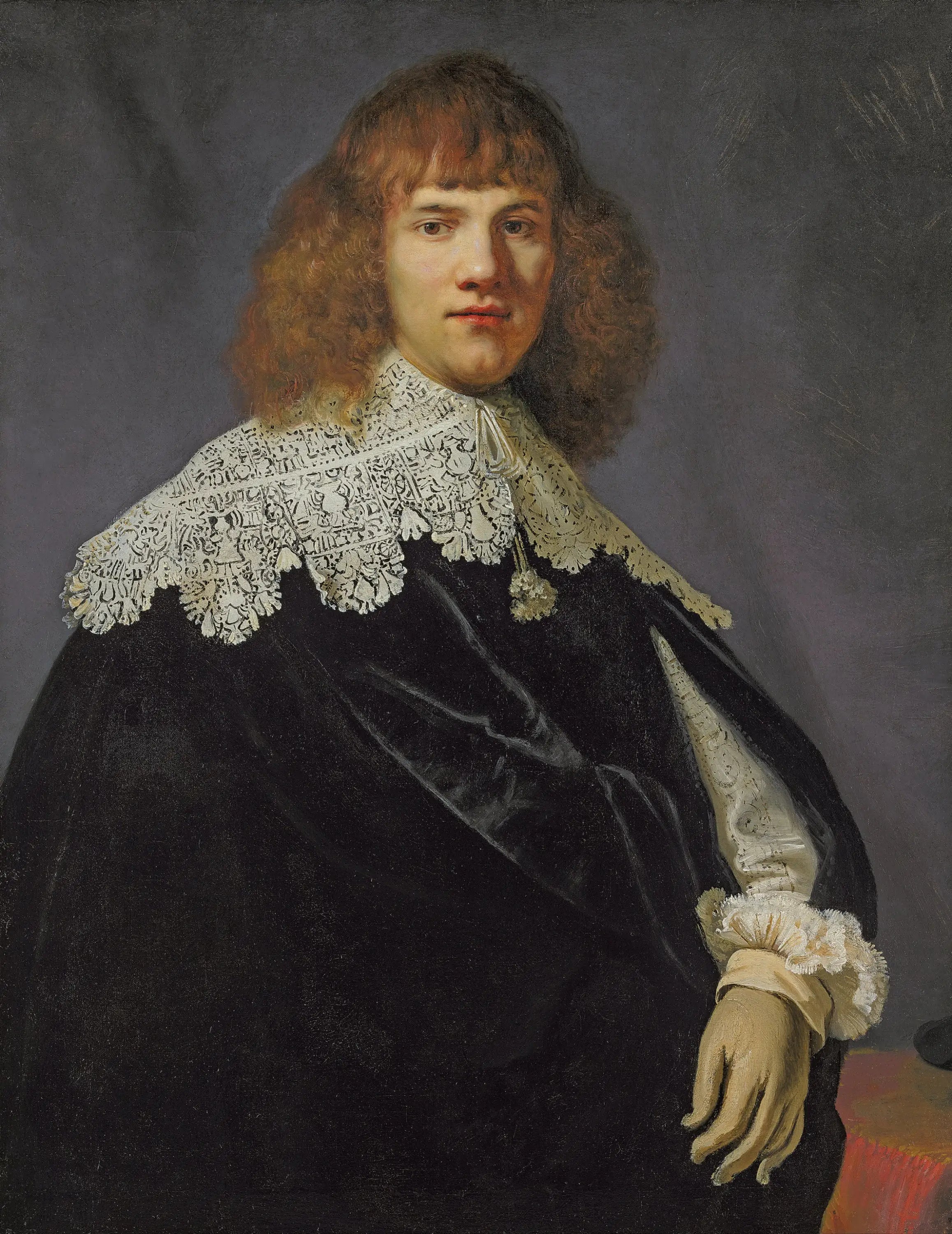 Reproduction du tableau « Portrait d'un gentleman, à mi-corps, vêtu d'un manteau de velours noir et d'un col et de poignets en dentelle blanche - Rembrandt » par Alpha Reproduction en peinture à l’huile