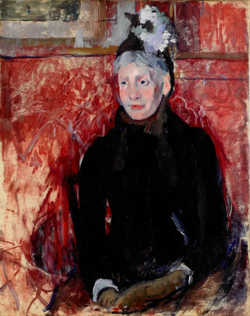 Reproduction du tableau « Étude de femme âgée en chapeau : fond rouge - Mary Cassatt » par Alpha Reproduction en peinture à l’huile