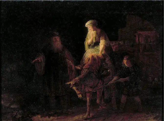 Reproduction du tableau « Le départ de la femme sunamite - Rembrandt » par Alpha Reproduction en peinture à l’huile