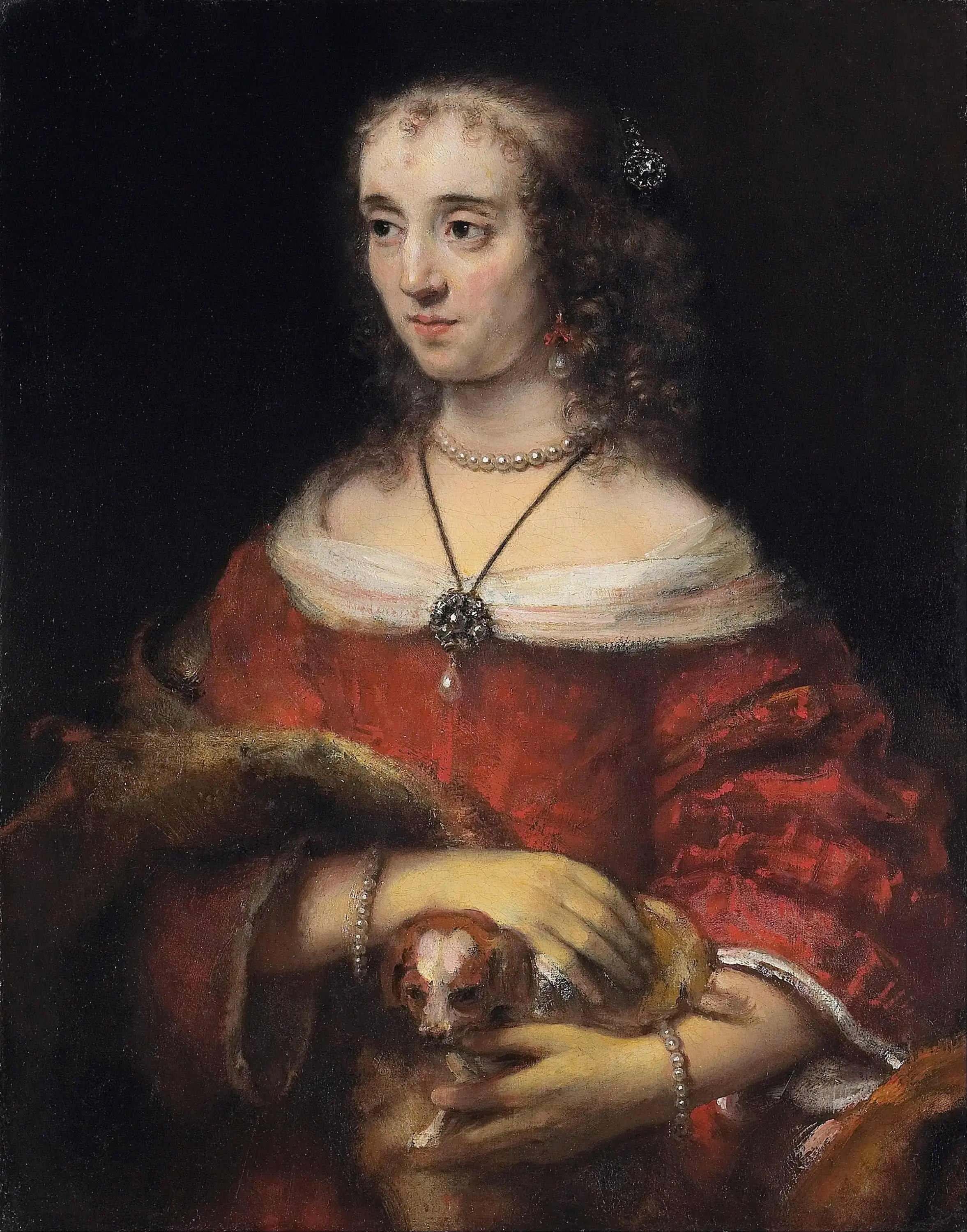 Reproduction du tableau « Portrait d'une dame avec un chien de poche - Rembrandt » par Alpha Reproduction en peinture à l’huile