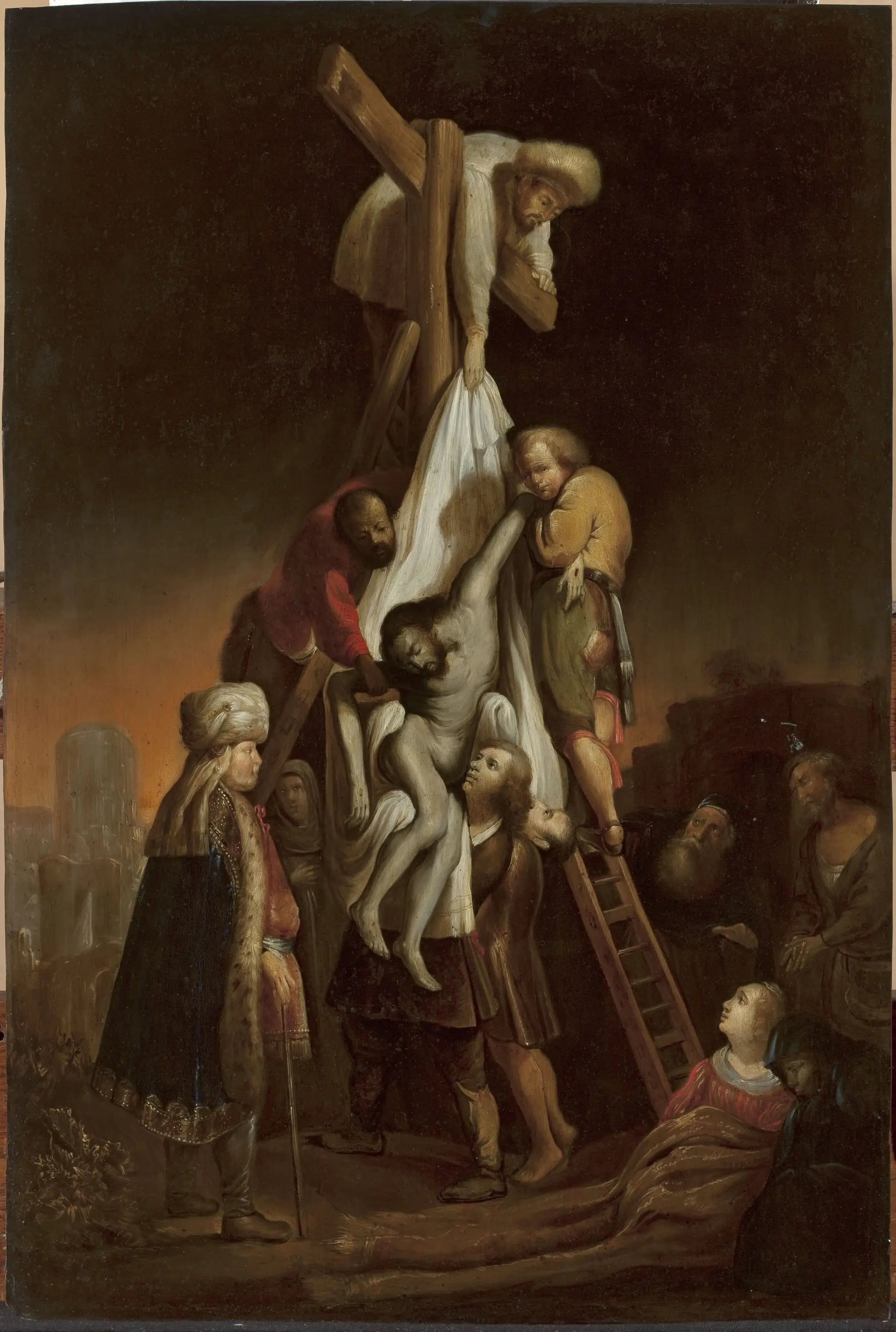 Reproduction du tableau « Descente de la Croix (Matthieu 27:58–59 ; Marc 15:45–46 ; Luc 23:52–53 ; Jean 19:38) - Rembrandt » par Alpha Reproduction en peinture à l’huile