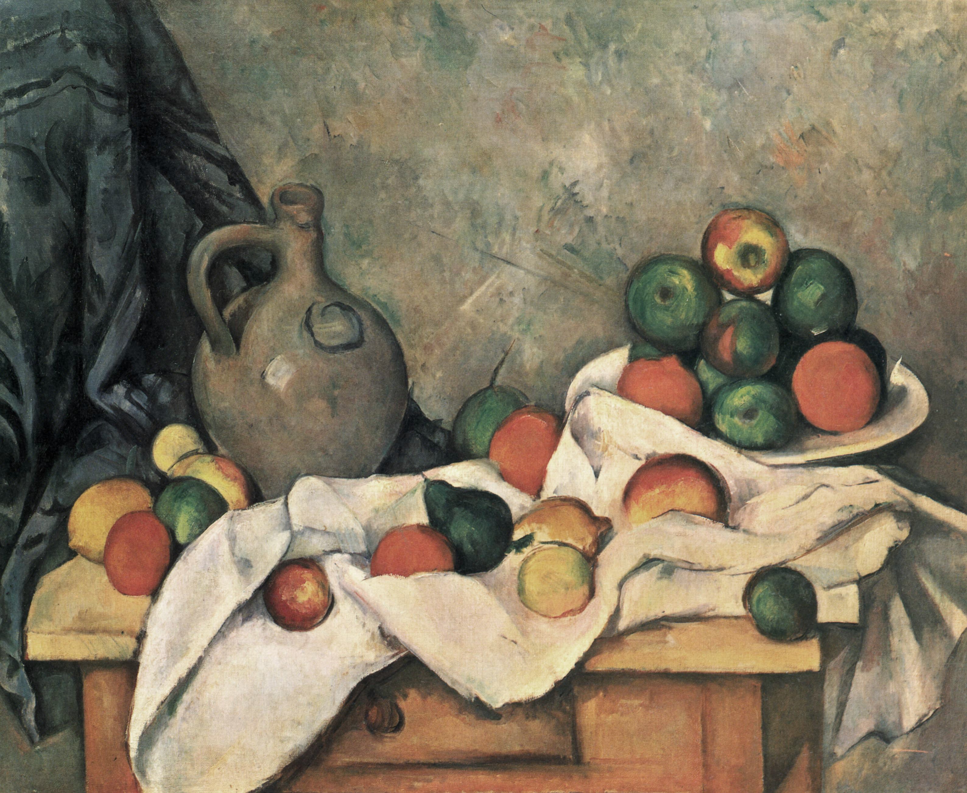 Reproduction du tableau « Rideau, cruchon et compotier - Paul Cézanne » par Alpha Reproduction en peinture à l’huile