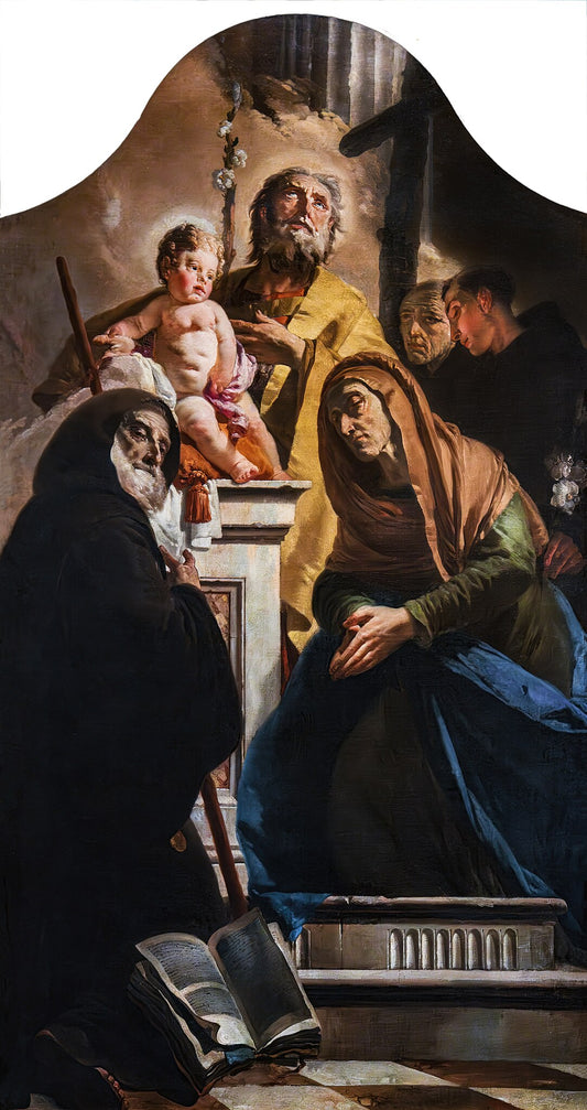 Reproduction du tableau « Saint Joseph avec l'Enfant Jésus et les saints François de Paule, Anne, Antoine et Pierre d'Alcántara - Giovanni Battista Tiepolo » par Alpha Reproduction en peinture à l’huile