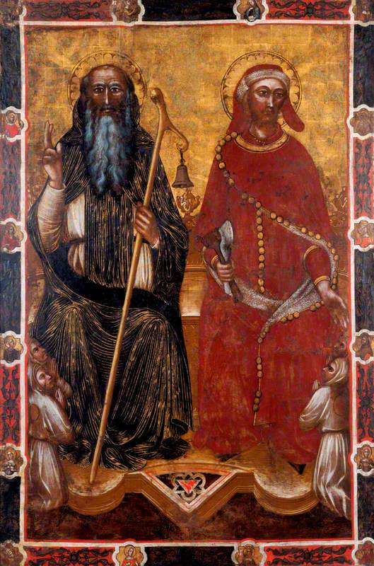 Saint Antoine l'Abbé et Saint Éloi avec deux paires de fidèles agenouillés (un côté d'une bannière processionnelle) (autrefois attribué à Barnaba da Modena) - Spinello Aretino