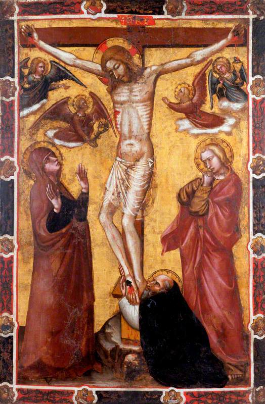 La Crucifixion avec la Vierge et saint Jean ; saint Antoine l'abbé au pied de la croix (un côté d'une bannière processionnelle) (autrefois attribuée à Barnaba da Modena) - Spinello Aretino