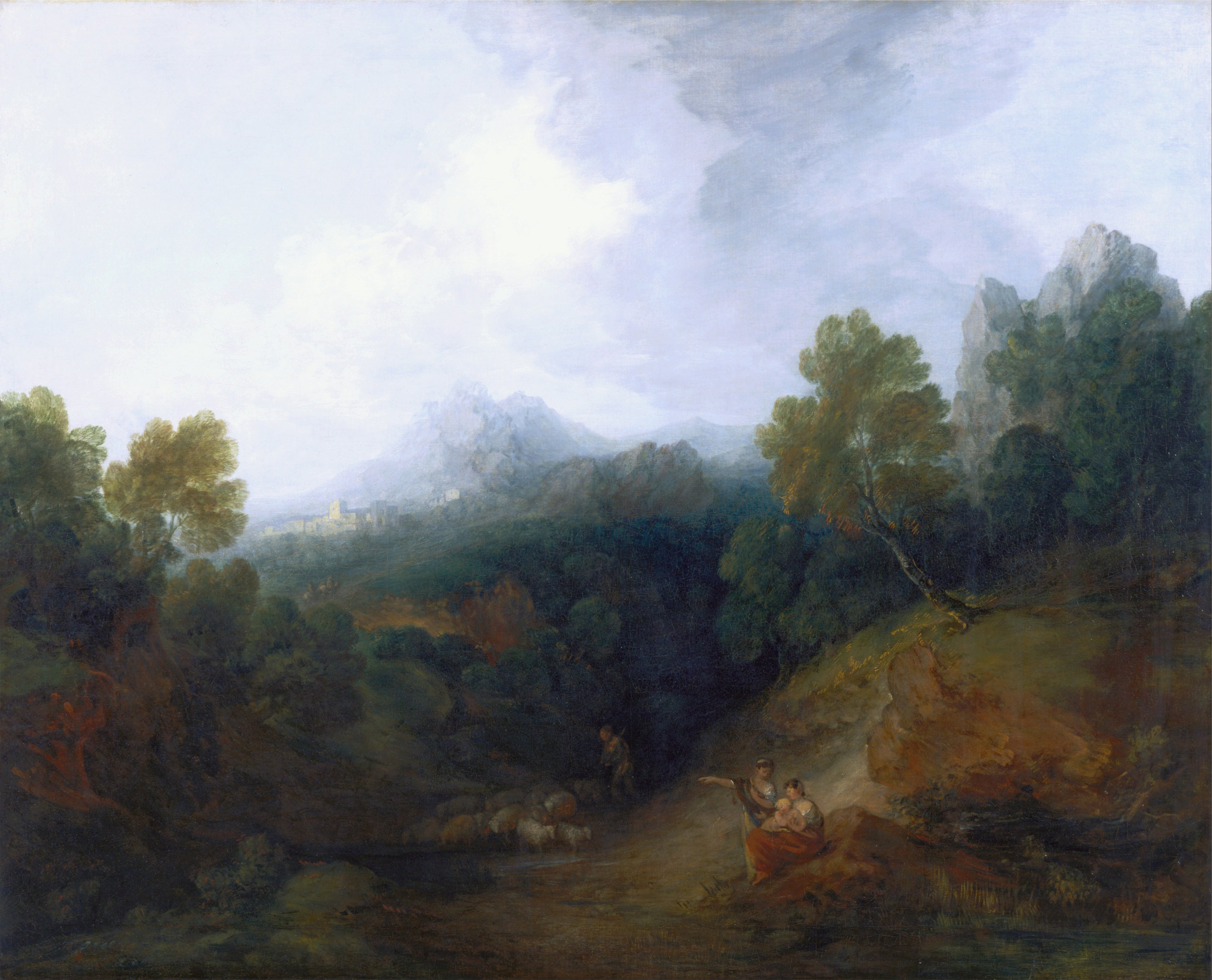 Vallée de montagne avec des personnages et un village lointain - Thomas Gainsborough
