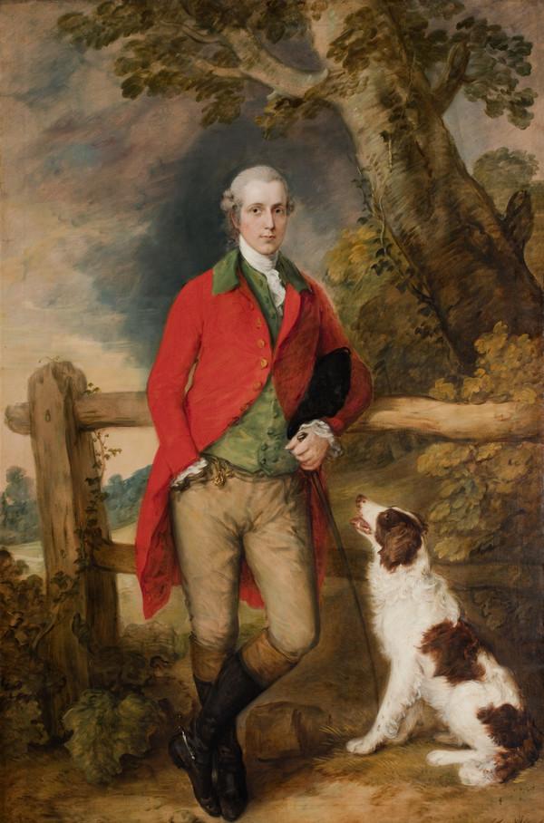 Portrait de Robert Thistlethwayte de Norman Court, debout en pied, vêtu d'un manteau rouge, d'un gilet vert et d'une culotte chamois, tenant une canette, appuyé contre une clôture, un épagneul à ses côtés - Thomas Gainsborough